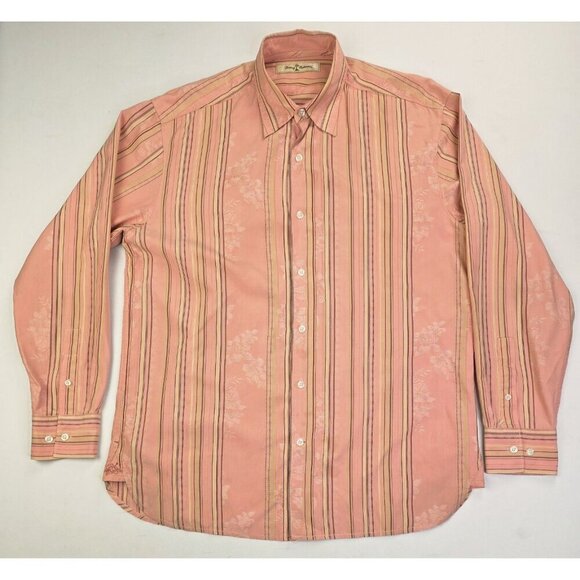 Tommy Bahama Size Medium Mens Salmon Strip Silk Blend Logo Tag Long Sleeve Shirt - Picture 1 of 12